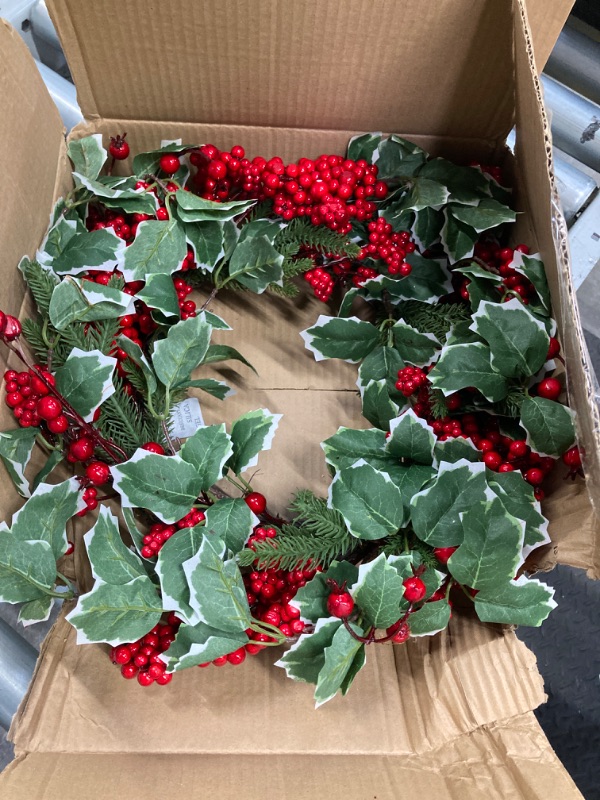 Photo 2 of 18" Christmas Wreath for Front Door Artificial Wreath with Berry Clusters and Holly Leaves for Christmas Thanksgiving Winter Holiday Decoration