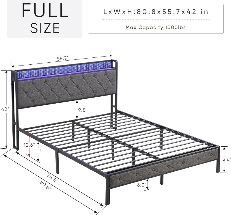 Photo 1 of Full Size Bed Frame with Upholstered Storage Headboard & Charging Station, Platform Full beds Frame w/Heavy Duty Metal Slats, No Box Spring Needed, Noise Free, Easy Assembly