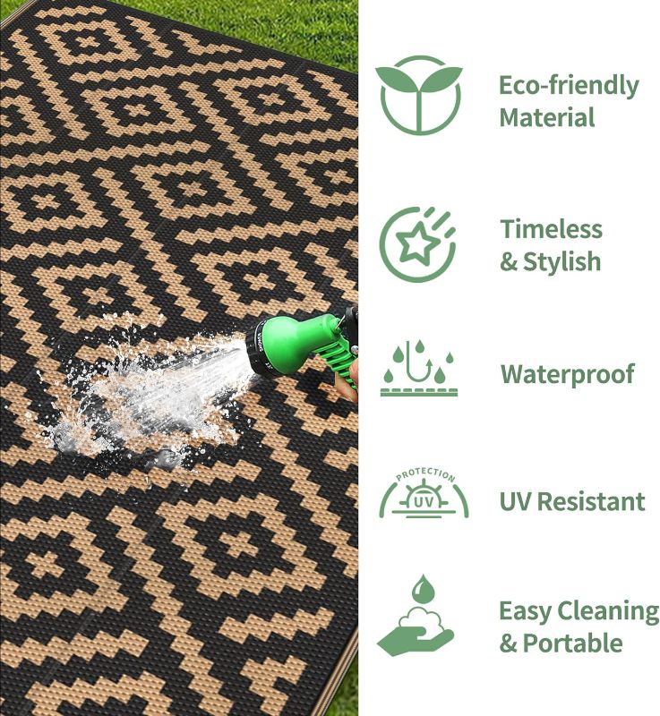 Photo 1 of *UNKNOWN WHAT SIZE* GENIMO Outdoor Rug for Patio Waterproof Large Mat,Reversible Plastic Camping Rugs,Rv,Porch,Deck,Camper,Balcony,Backyard (Black & Brown)