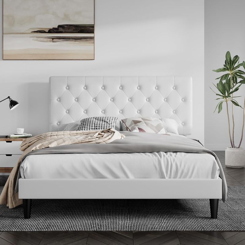 Photo 1 of SHA CERLIN Full Size Bed Frame with Button Tufted Headboard, Faux Leather Upholstered Mattress Foundation, Platform Bed Frame, Wooden Slat Support, No Box Spring Needed, White
