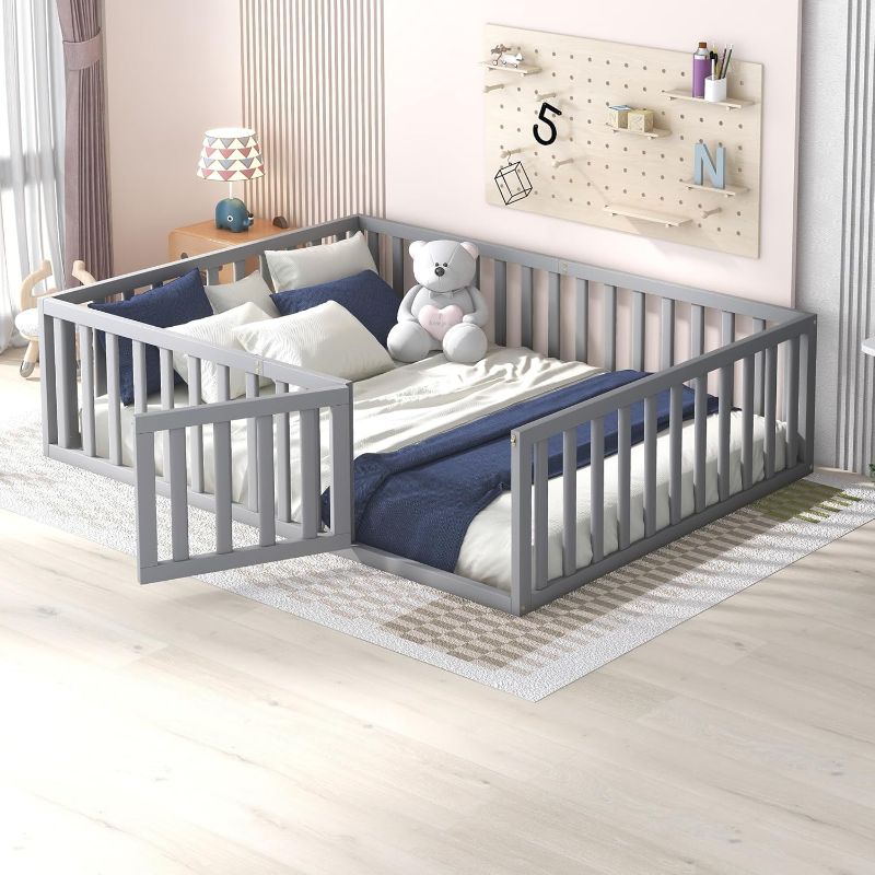 Photo 1 of Harper & Bright Designs Full Floor Bed for Kids, Montessori Bed Frame with Guardrails and Door, Wooden Floor Full Bed for Kids, Boys Girls (Full Size, Gray)