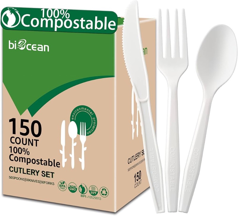 Photo 1 of 100% Compostable No Plastic Knives Forks Spoons Utensils, The Heavyweight Heavy Duty Flatware is Eco Friendly Products for Lounge Party Wedding BBQ Picnic Camping.