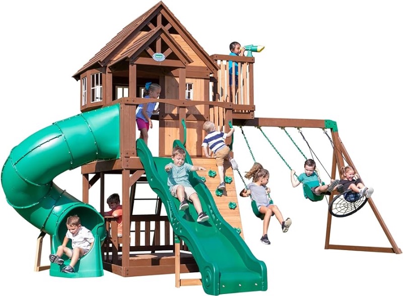 Photo 1 of Backyard Discovery Skyfort All Cedar Swing Set, Elevated Covered Wood Roof Clubhouse with Bay Windows, 2 Belt Swings, Web Swing, 10ft Wave Slide, 5 ft Tube Slide, Covered Picnic Table, 5 ft Rock Wall