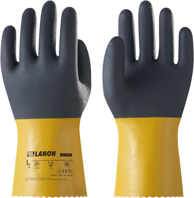 Photo 1 of ***THE GLOVES ARE SIMILAR TO THE IMAGE****LANON PVC Chemical Gloves, Thick Rubber Work Gloves, Heavy-Duty, EN 374/388, Acid, Alkali and Oil, Non-Slip, Large
