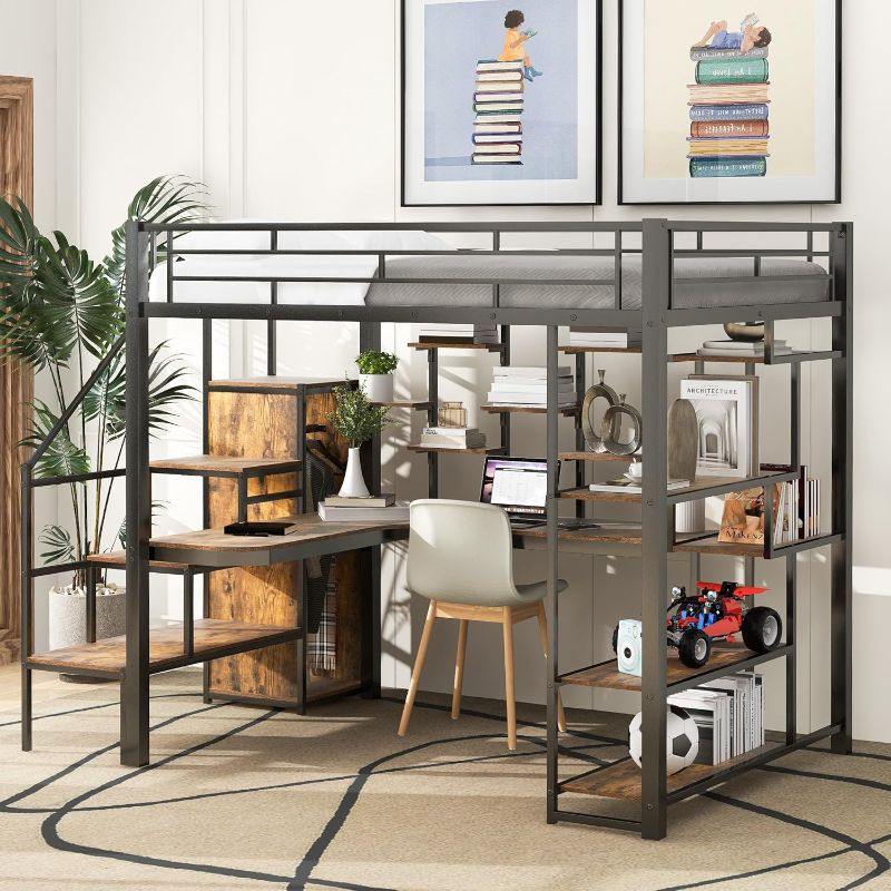 Photo 1 of ***THIS IS ONLY BOX 1 OF 2*****Bellemave Full Size Loft Bed, Metal Loft Bed with Desk, Full Size Loft Bed with Storage Staircase and Shelves?Small Wardrobe, Full Size Loft Bed for Kids, Teens, Adults, BLACK