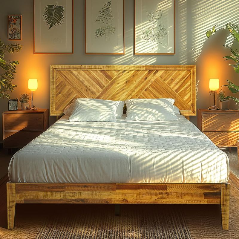 Photo 1 of Acacia Alander King Bed Frame with Headboard Solid Wood Platform Bed, Adjustable Headboard King Bed Frame, Farmhouse Wood Bed Compatible with All Mattress Types, Caramel - Early American