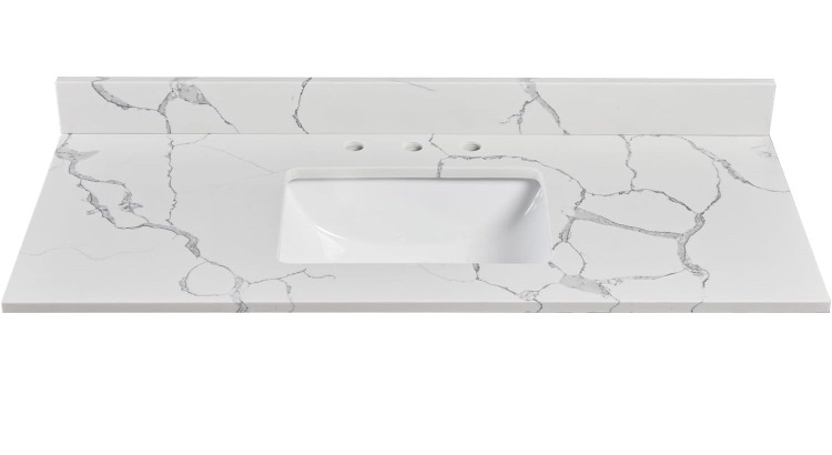 Photo 1 of 48 Inch Quartz Vanity Sink Top, Bathroom Vanity Top with Undermount Rectangular Middle Sink and 4" Height Backsplash, Pre-Drilled 8 Inch Faucet Hole Spread Vanity Top, Calacatta Luna