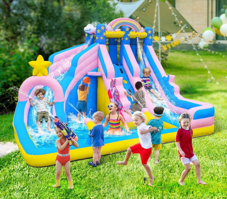 Photo 1 of Inflatable Water Slide: 6 in 1 Bounce House Water Park for Kids - Climbing Wall Splash Pool 2 Water Cannon 2 Slide Basketball Rim - 550W Blower - for Outdoor Backyard Birthday Party