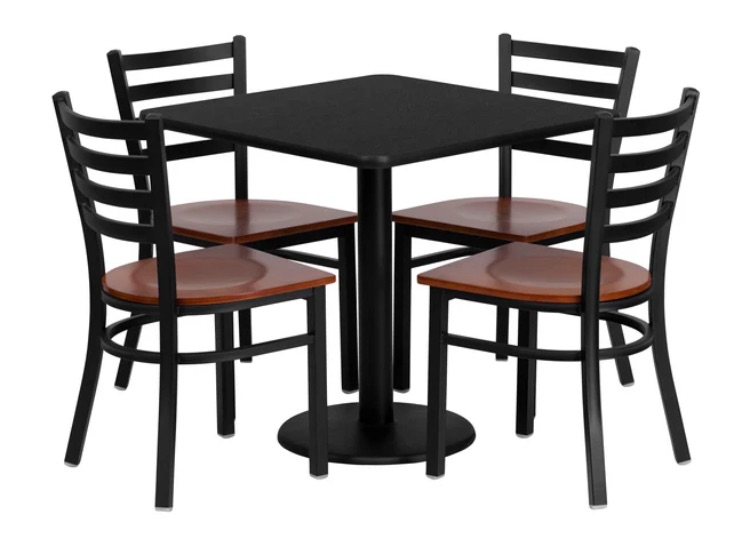 Photo 1 of ***ONLY TWO CHAIRS****flash furniture clark 30” square black laminate table set with 4 ladder black metal chairs cherry wood seat