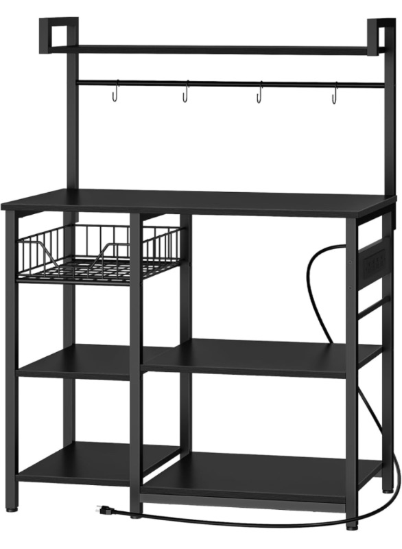 Photo 1 of  Kitchen Bakers Rack with Power Outlet, Coffee Bar, Microwave Oven Stand with Mesh Basket, Coffee Station with 4 S-Shaped Hook, Kitchen Shelf, for Kitchen, Living Room, Black BB05HB01