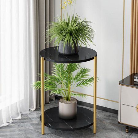 Photo 1 of 2-Tier Side Table Faux Marble Texture Round End Table Metal Waterproof Bedside Night Stand for Indoor Outdoor Home Living Room Bed Room