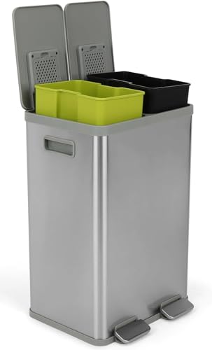 Photo 1 of 40 Liter Rectangular Hands-Free Dual Compartment Recycling Kitchen Step Trash Can with Soft-Close Lid, Brushed Stainless Steel (2 X 20L Capacity)