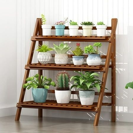 Photo 1 of 3-Shelf Flower Stand Plant Display for Indoors and Outdoors Foldable Plant Stand Portable Flower Display Rack for Garden Bamboo Brown