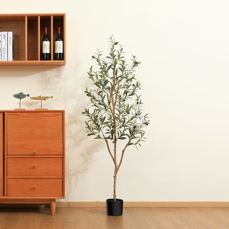 Photo 1 of 5 Ft Artificial Olive Plants with Realistic Leaves and Natural Trunk Silk Fake Potted Tree with Wood Branches and Fruits Faux Olive Tree for Office