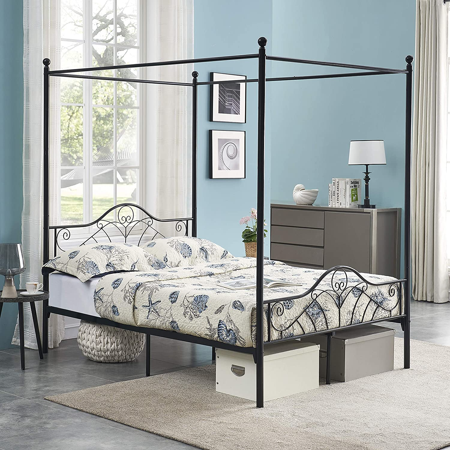 Photo 1 of Voilamart Full Size Canopy Bed Frame Metal Platform Bed with Bedposts Mattress Foundation with Headboard Black