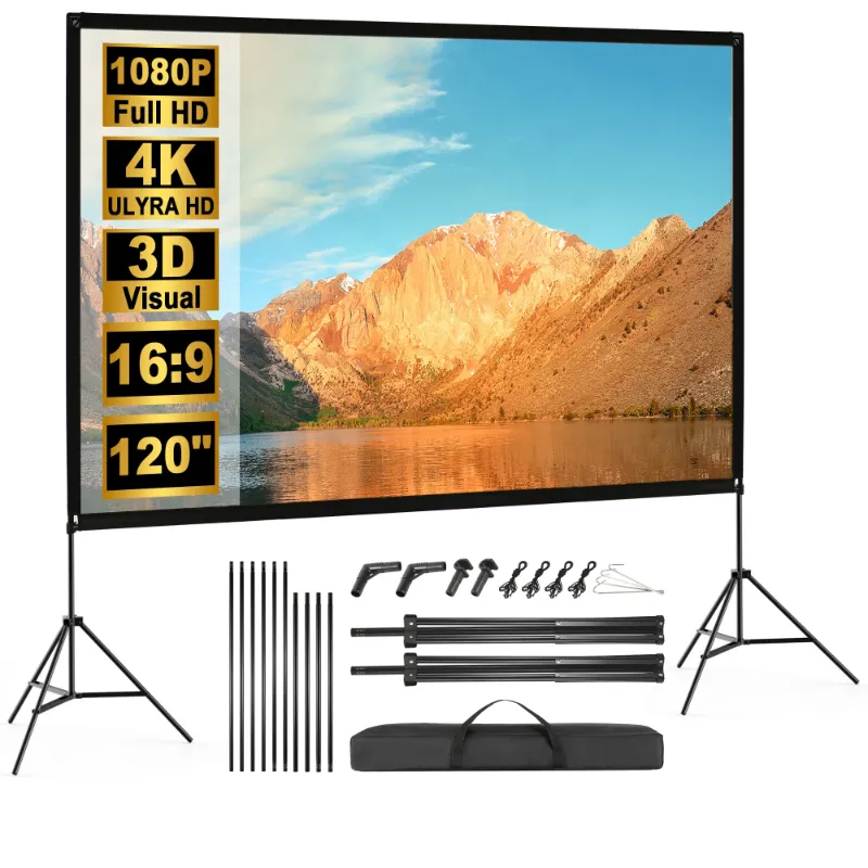 Photo 1 of 120" Projector Screen with Stand Carry Bag Portable Indoor/Outdoor 16:9 4K 3D Home Theater Moive Wrinkle-Free Projection