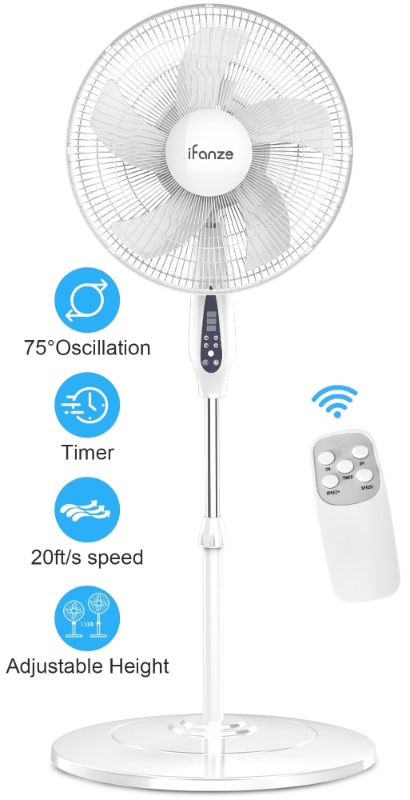 Photo 1 of iFanze 16" Pedestal Fan with Remote, 3-Speed Oscillating Fan, Adjustable Height and Tilt, 40"- 46" Electric Cooling Portable Fan for Home Office Bedroom Use
