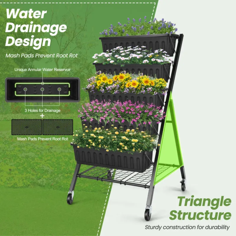 Photo 1 of Funcid 4 ft Vertical Garden with Removable Locking Wheels 5-Tier Raised Garden Bed Planter Box for Patio Outdoor Planting Flower Herb Freestanding Garden Planter with Storage Shelf Black, 30"×26"×48"