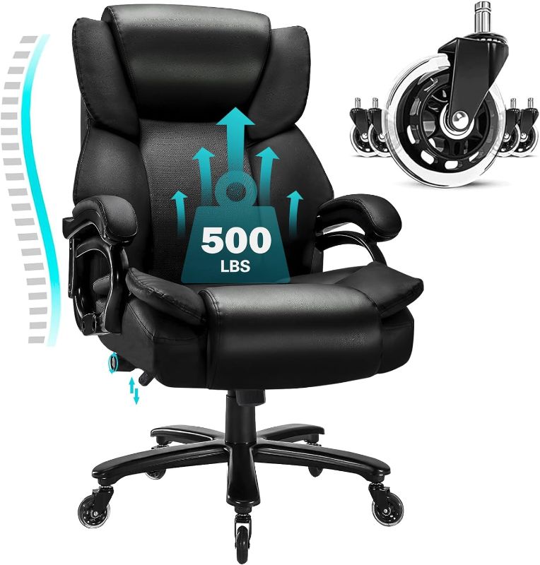 Photo 1 of 500lbs Heavy Duty Office Chair with Dual Rubber Wheels, Big and Tall Office Chair for Heavy People, Extra Wide Executive Chair with Ergonomic Lumbar Support (Dual Wheels Black)