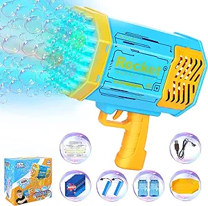 Photo 1 of 
Bazooka Bubble Blaster Gun with 2 Batteries,Rocket Bubble Machine Blower,Birthday Gift for Boys Kids,Bubble Maker Toys for Party Wedding(Blue) https://a.co/d/dh4sxtS