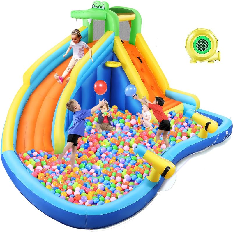 Photo 1 of Qhomic Inflatable Water Slide with Spray Pool, 2 Water Guns, Climbing Wall, Basketball Hoop, and Inflatable Bounce House with UL Air Blower, (Gift for Kids), Polyester, Child, Teen, Toddler
