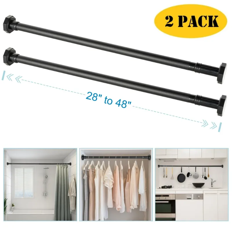 Photo 1 of 28"-48" Adjustable Tension Rod, Rust-Proof Hanging No Drilling Cabinet Wardrobe Closet Window Shower Curtain Rod, Black (2 Pack)
