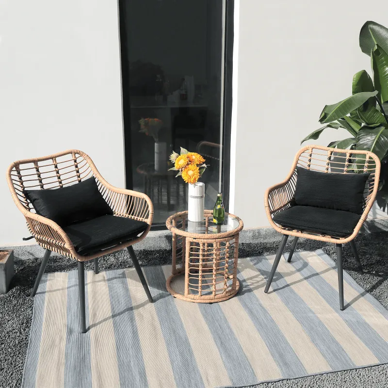 Photo 1 of JOIVI 3-Piece Patio Set, Outdoor Wicker Bistro Sets, Patio Rattan Conversation Set for Porch, Backyard with Round Glass Top Coffee Table
