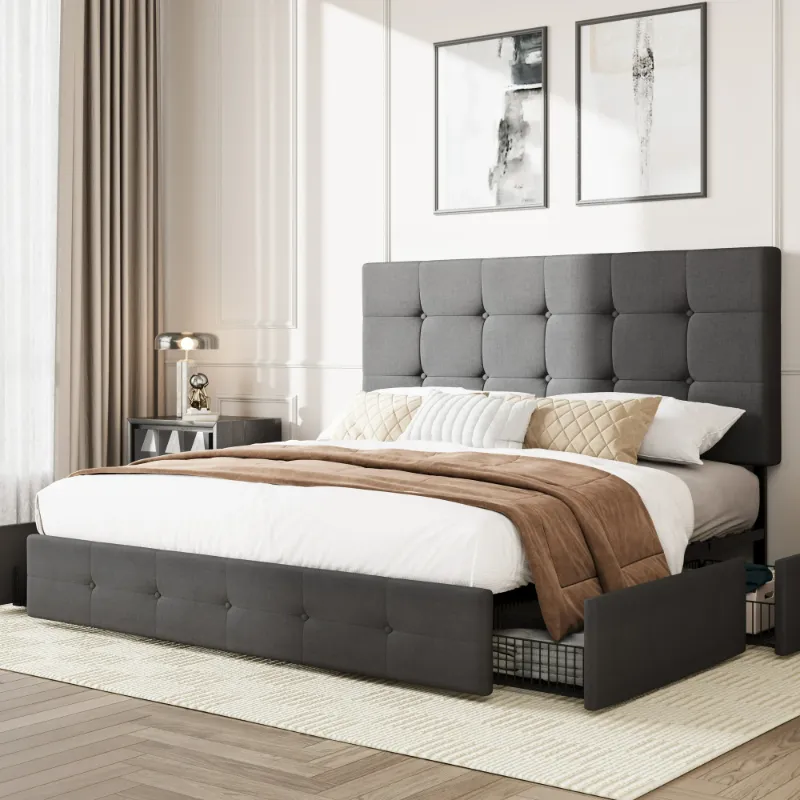 Photo 1 of Amolife Queen Size Platform Bed Frame with Headboard and 4 Storage Drawers, Button Tufted Style, Mattress Not Included, Dark Gray
