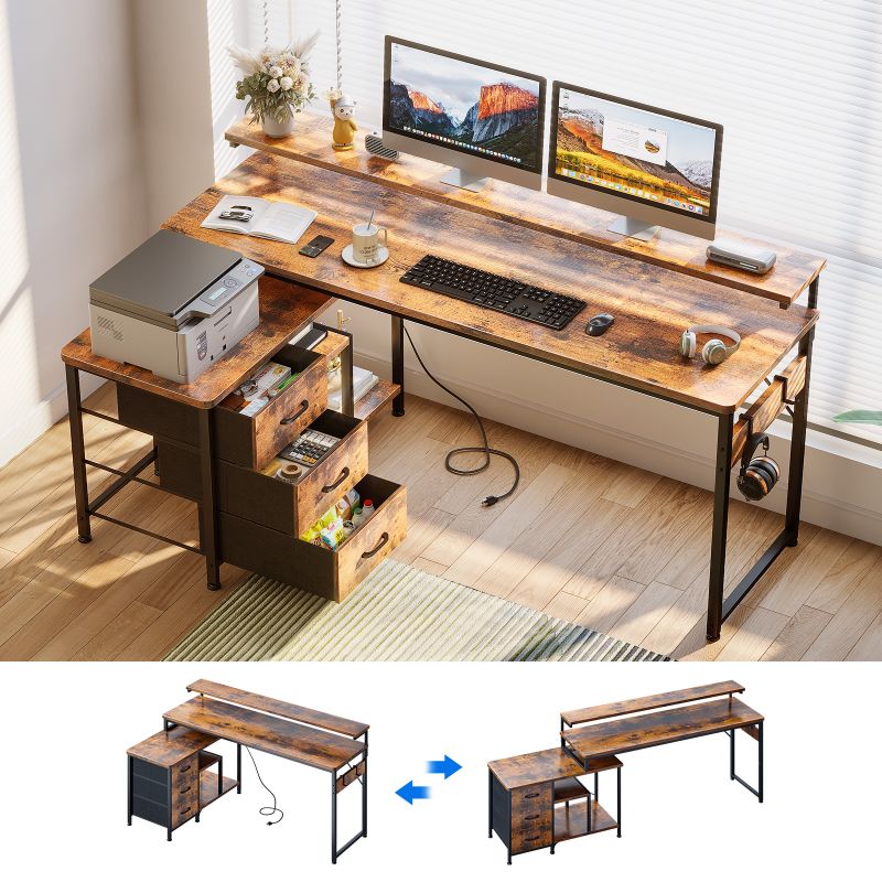 Photo 1 of 55 inch L Shaped Computer Desk with Drawers & Power Outlets, L-Shaped Gaming Desk with Removable File Cabinet, Reversible Corner Desk with Monitor Stand for Home Office Workstation, Rustic Brown