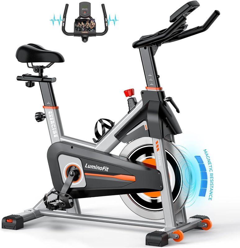 Photo 1 of Exercise Bike, Brake Pad/Magnetic Resistance Stationary Bikes for Home with 330lbs/350lbs Weight Capacity, Indoor Cycling Bike with Silent Belt Drive System, Tablet Holder, LCD Monitor