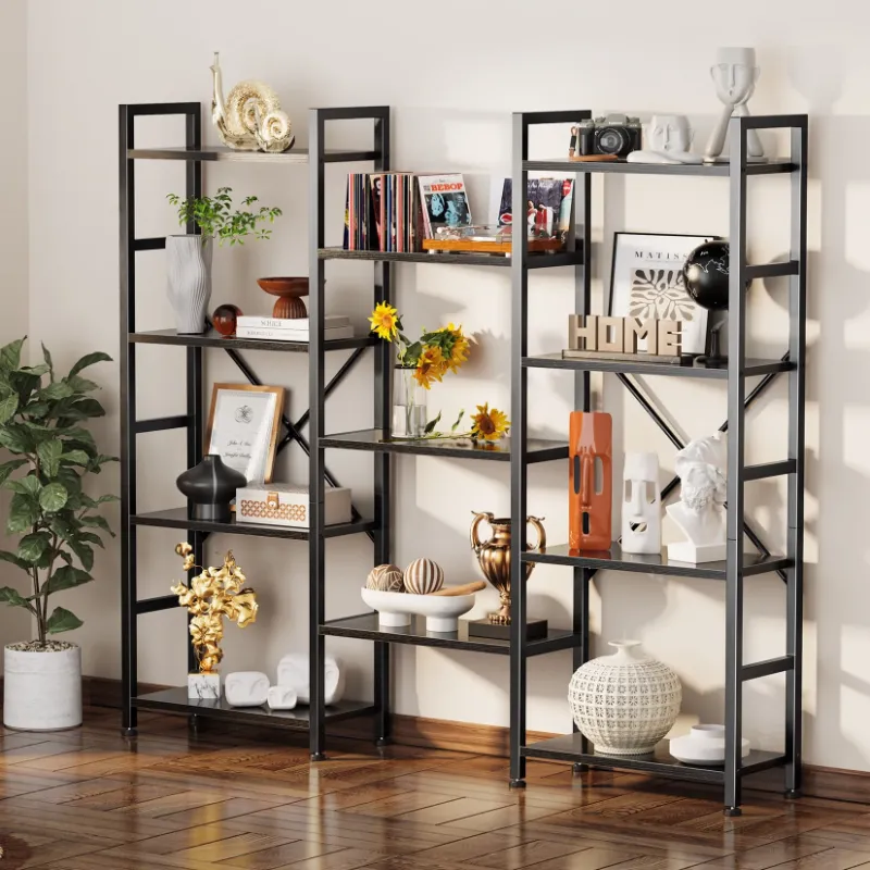 Photo 1 of 4 Tiers Industrial Bookcase and Bookshelf, Metal Wood 11 Display Shelves, Large Book Shelf for Living Room, Storage Shelf Organizer, Book Case in Black