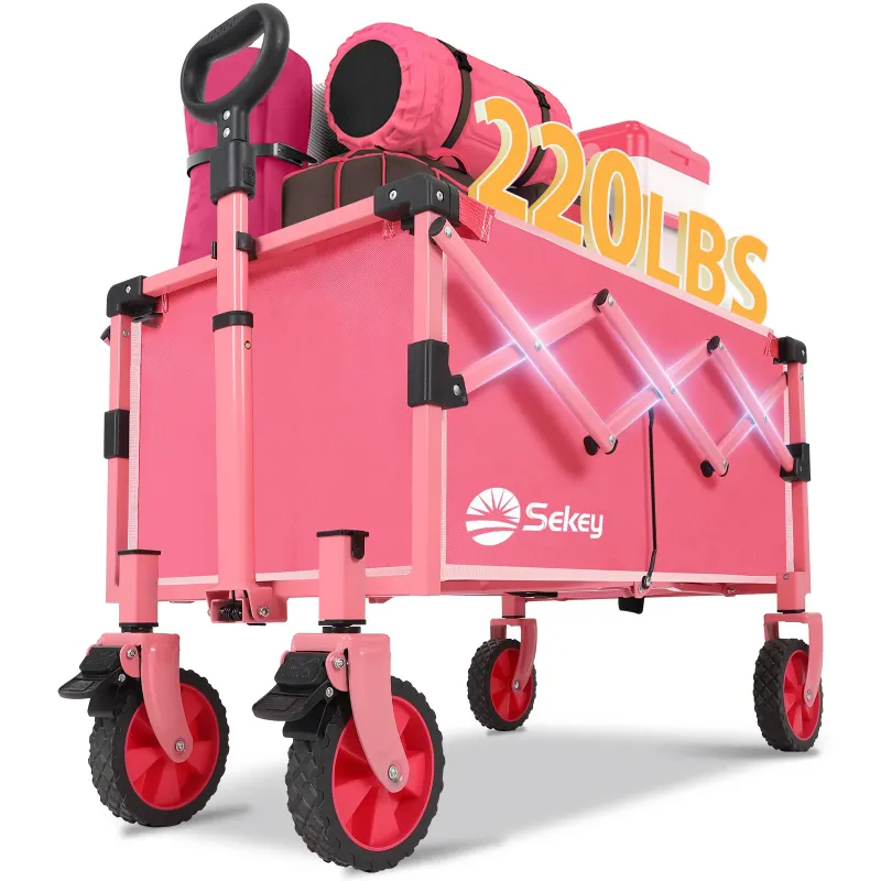 Photo 1 of Sekey 220lbs Collapsible Wagon Cart, 120L Large Capacity Heavy Duty Foldable Wagon Folding Utility Lightweight Cart for Garden, Shopping, Beach, Camping, Outdoor, Grocery (Pink, 1 Year Warranty)