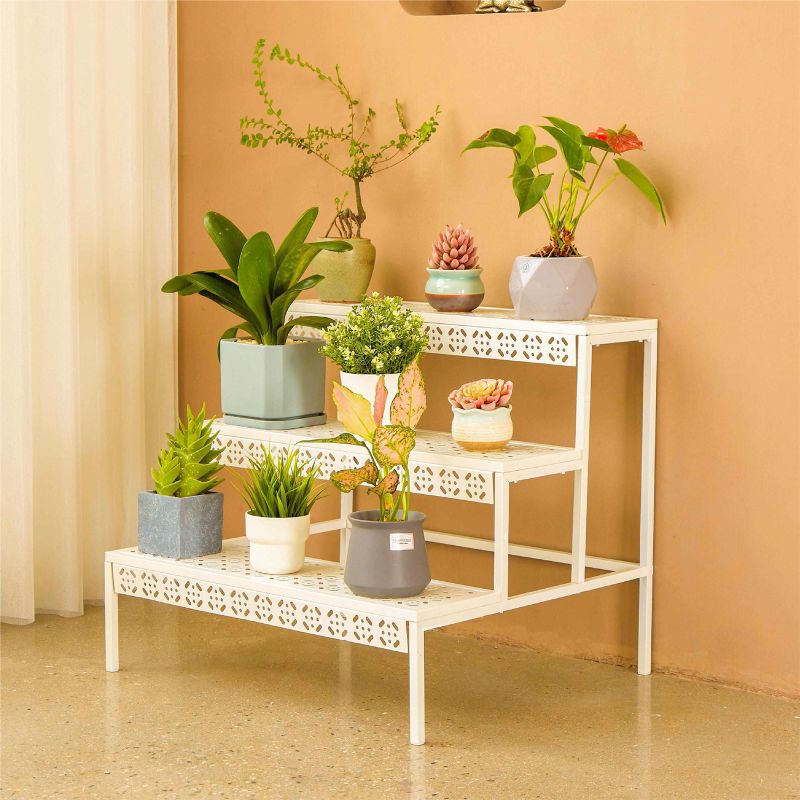 Photo 1 of 3 Tiers Metal Plant Stand,Rectangular Ladder Flower Pots Outdoor Plant Rack, Indoor Plant Display Rack, Heavy Duty Utility Storage Organizer for Home Garden Patio Balcony, Stair Style(White)