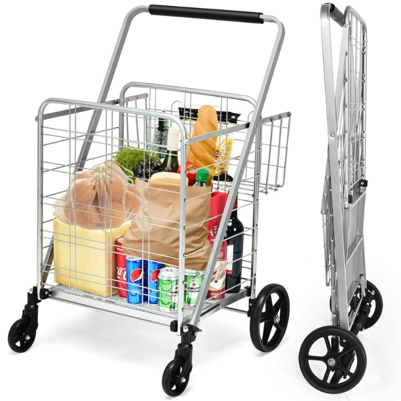 Photo 1 of Gymax Heavy Duty Folding Shopping Cart Utility Jumbo Double Basket 330lbs Silver