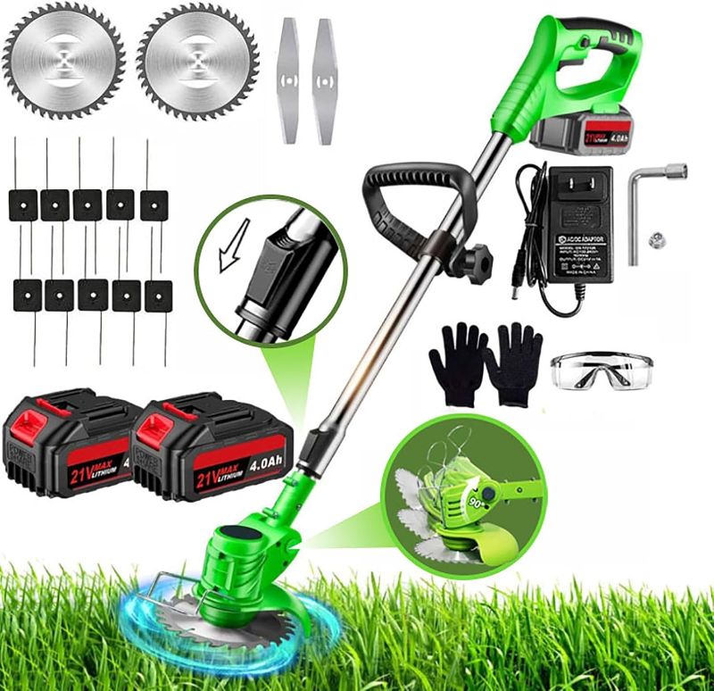 Photo 1 of 21V Electric Weed Wacker, Electric Cordless Weed Wacker Electric Grass Trimmer Cordless with 2Pcs 2.0Ah Battery and Fast Charger, 10x Nylon Blades, 3 Types of Metal Blades
***Missing blades, gloves and eye protection***