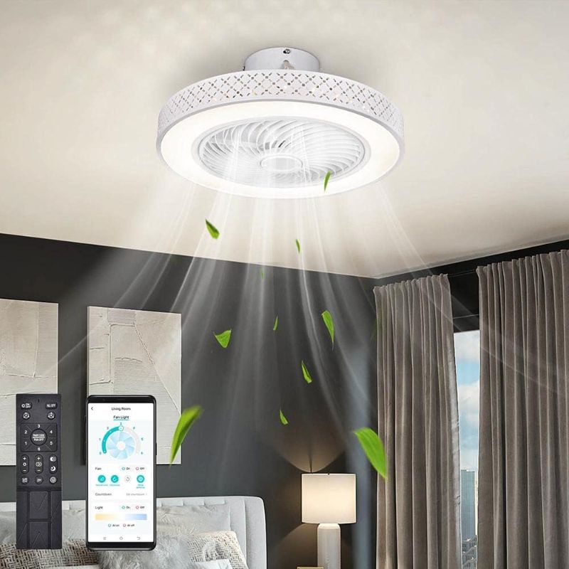 Photo 1 of DELight Ceiling Fan Light Kits Modern Enclosed Dimmable Ceiling Fan Lighting APP & Remote Control 20 Inch Reversible Bladeless Flush Mount for Kitchen Bedroom Garage Workshop