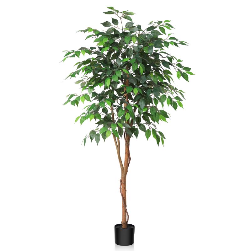 Photo 1 of 5FT Artificial Ficus Tree with Wood Trunk for Living Room, Plant in Black Plastic Pot. DR.Planzen