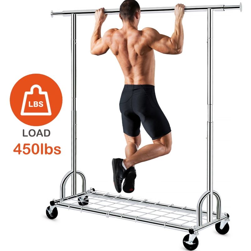 Photo 1 of 450 lbs Commercial Clothing Garment Rack with Shelves Clothing Racks on Wheels Rolling Clothes Rack Heavy Duty Portable Collapsible Adjustable, Chrome Finish