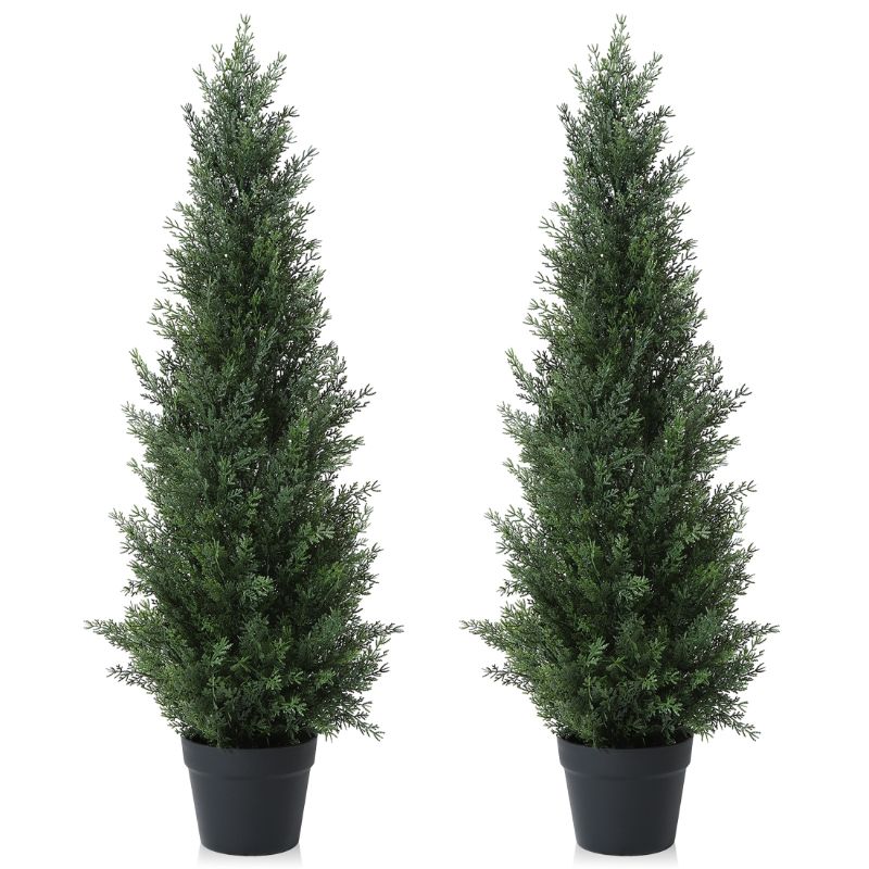 Photo 1 of Artificial Cedar Tree 2 Pack 3 ft Outdoor Artificial Topiary Cedar Plants Fake Tree UV Rated Potted Plants for Porch Decor Faux Pine Tree for Perfect Housewarming Gift