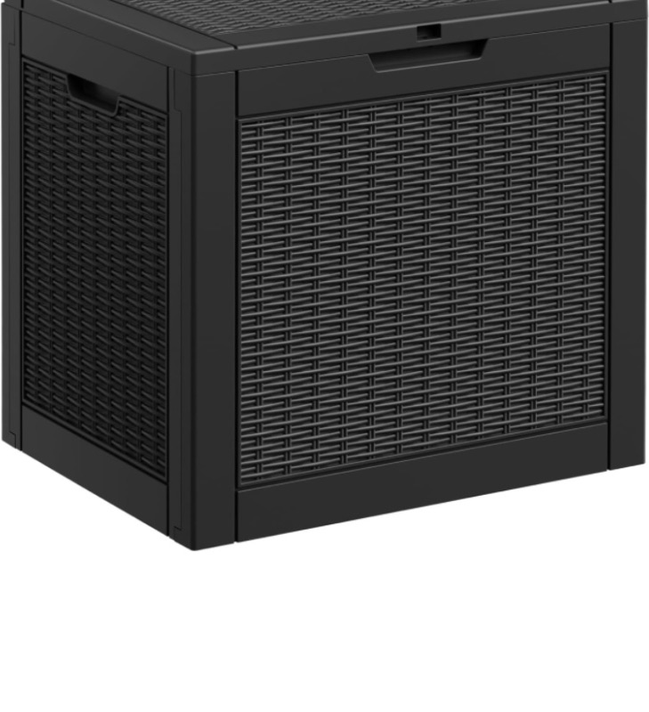 Photo 1 of 30 Gallon Deck Box, Wicker Pattern Resin Outdoor Storage Box Waterproof, Outside Deck Box with Lockable Lid for Patio Cushions, Outdoor Tools, Gardening Tools, Sports Equipment, Black