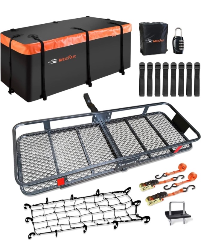 Photo 1 of MeeFar Folding Hitch Mount Cargo Carrier Basket 60" X 20" X 6"+Waterproof Cargo Bag 16 Cubic Feet(58" 19" 24"),Hauling Weight Capacity of 500 Lbs and A Folding Arm.with Hitch Stabilizer,Net and Straps