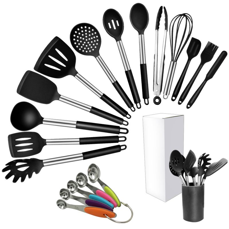 Photo 1 of 19 Piece Silicone Cooking Utensils Set - Frsuoak Heat Resistant Stainless Steel Kitchen Utensils, Baking Tools Kitchen Gadgets,Turner, Tongs,Spatula,Spoon,Brush,Whisk,Non-Stick, Dishwasher Safe,Black