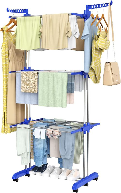 Photo 1 of 4-Tier Gray Foldable Clothes Drying Rack Rolling Dryer Hanger Stand Outdoor Washing Line Clothes Dryer Storage Rack with 6 Retractable Trays&2 Side Wings, Bedroom Balcony Use (Blue)