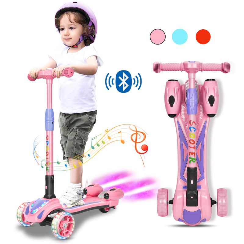 Photo 1 of 3 Wheel Scooter for Kids Adjustable Height Toddler Kick Scooter with Bluetooth Music Rocket Steam Sprayer Girls Scooters Boys Gifts Ages 3-10 (Pink)