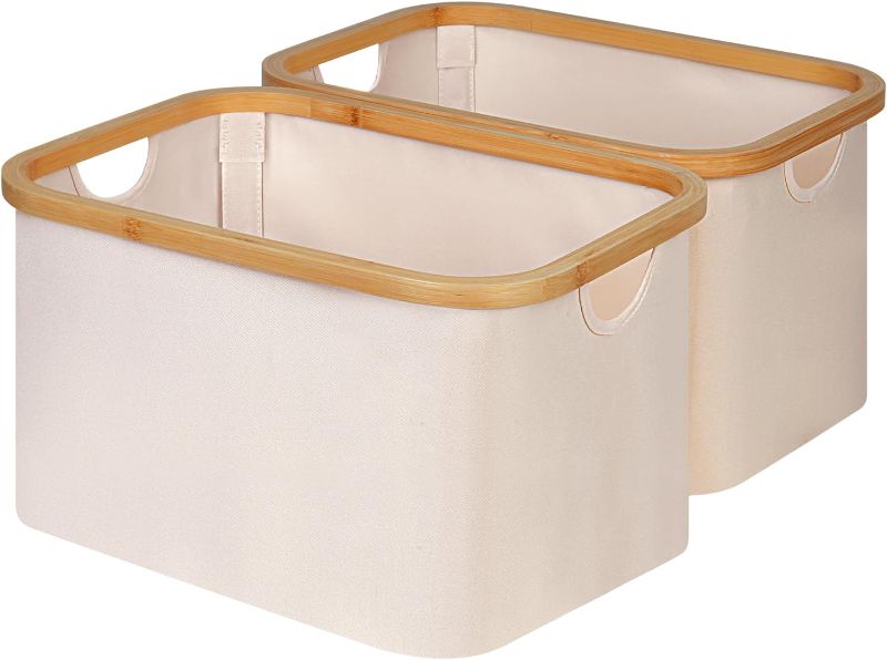 Photo 1 of 2-Pack Storage Baskets, Rectangle Closet Storage With Bamboo Handles,Collapsible Storage Bins for Organizing Toys, Books Towels,Beige(15.7 x 11.8 x 9.8 inches)
***1 basket missing***