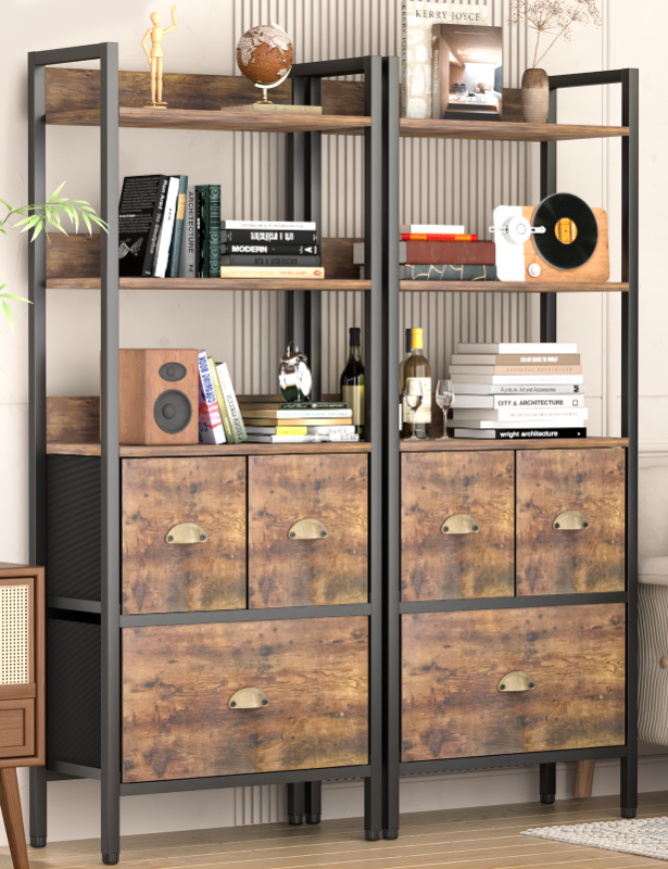 Photo 1 of Behost 5 Tier 60in Tall Bookcase Open Bookshelf with Drawers, Wood, Metal and Fabric, 1 Pack, Rustic Brown