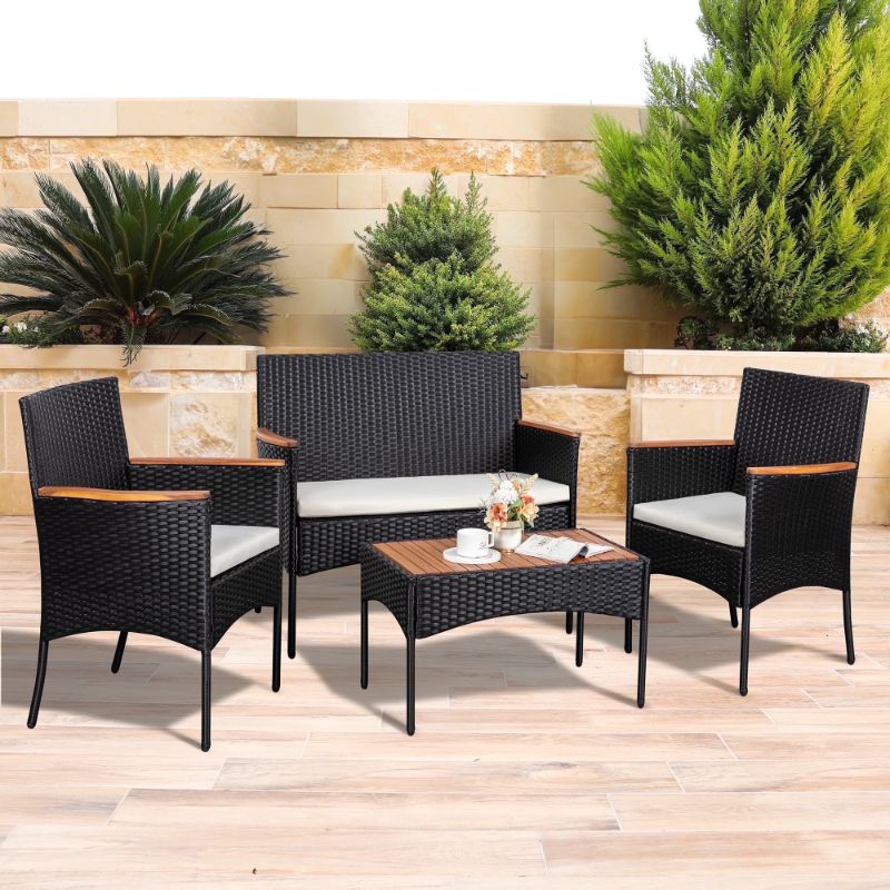 Photo 1 of ***see notes***Walsunny 4 Piece Patio Furniture Conversation Set Outdoor Wicker Rattan Chairs with Cushions and Table Black/Beige