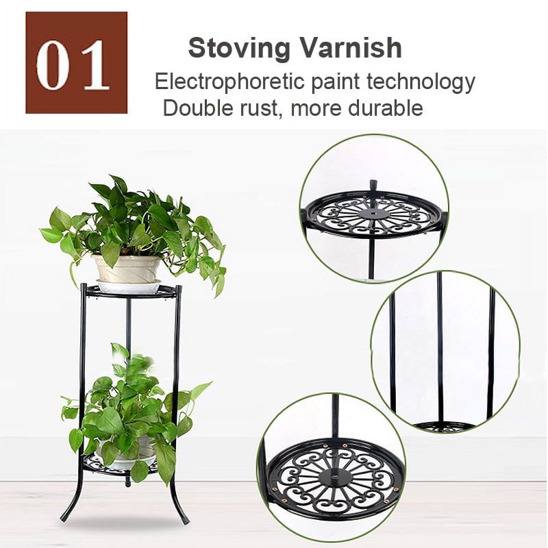 Photo 1 of 2 Tier Metal Plant Stand, Round Plant Shelf Flower Pot Rack Modern Planter Holder for Garden Patio Indoor Outdoor Black