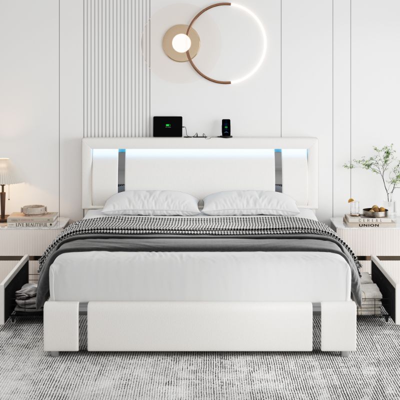 Photo 1 of Homfa Queen Size LED Bed Frame with 2 Storage Drawers, Modern Bedroom Leather Upholstered Platform Bed Frame with Adjustable Headboard Mirror Decor, No Box Spring Needed, White