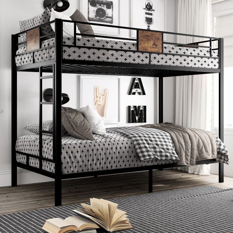 Photo 1 of Amolife Metal Twin Over Twin Size Bunk Bed Frame with Stairs & Full-Length Guardrail, Black